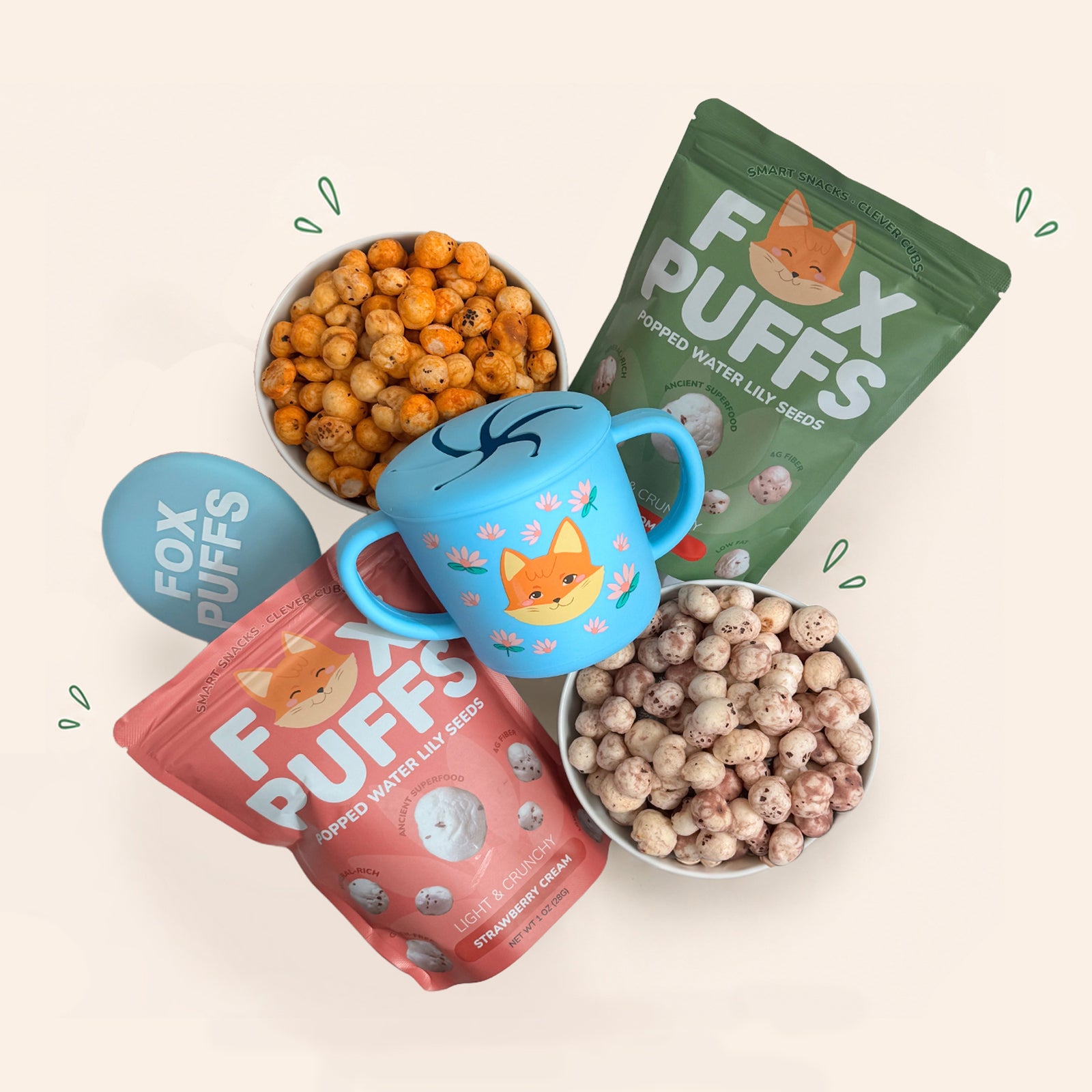 Garden Tomato and Strawberry Cream Fox Puffs with the Cub Cup and bowls of popped water lily seeds